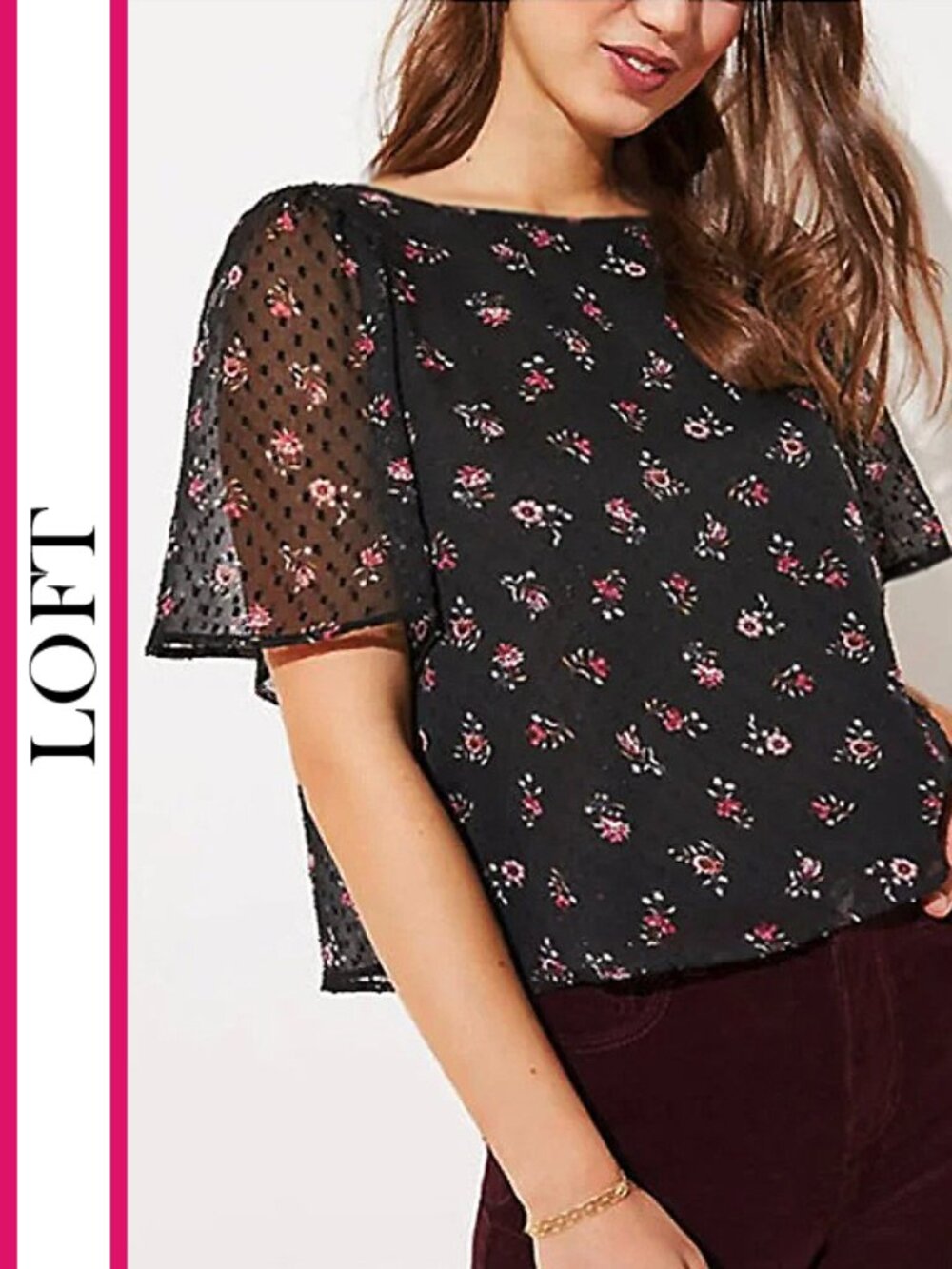 Loft | 'Floral Print' Flutter Sleeve Bow Back Top